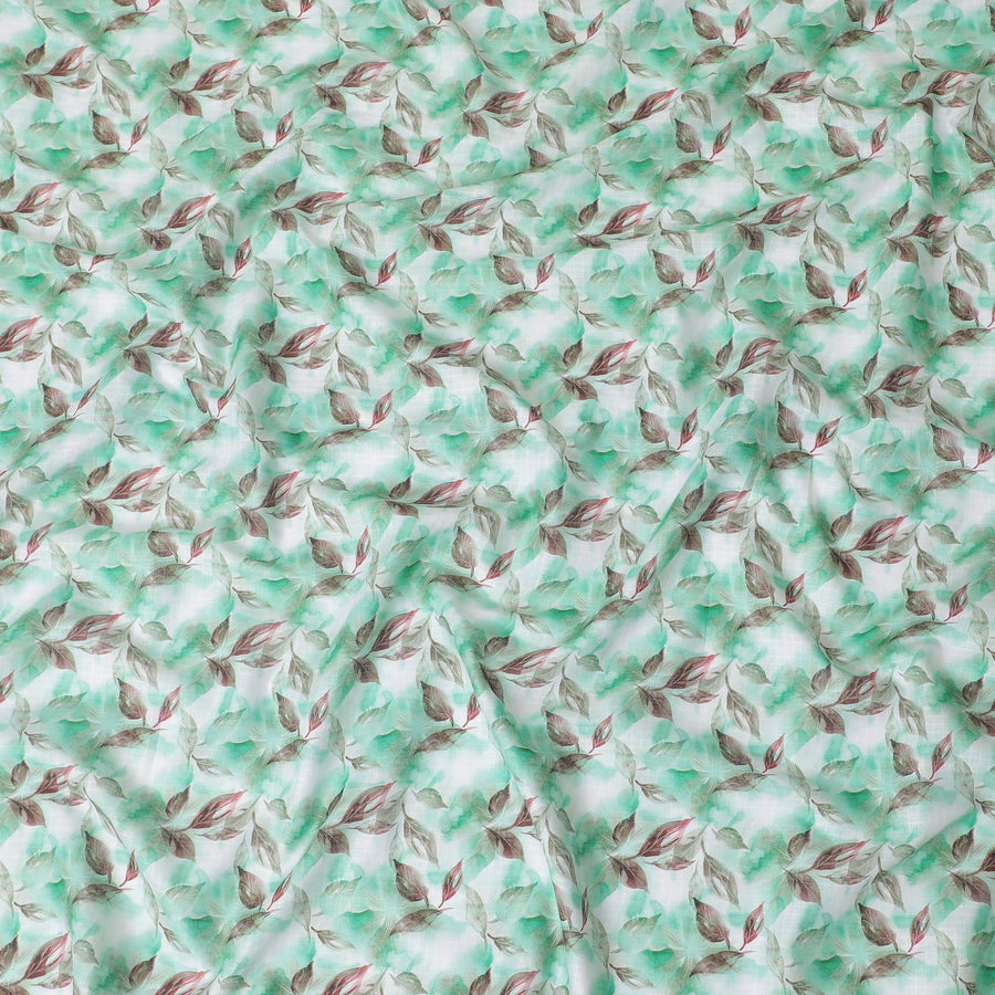 Off white cotton satin fabric with turquoise green and brown print in floral design-D15458