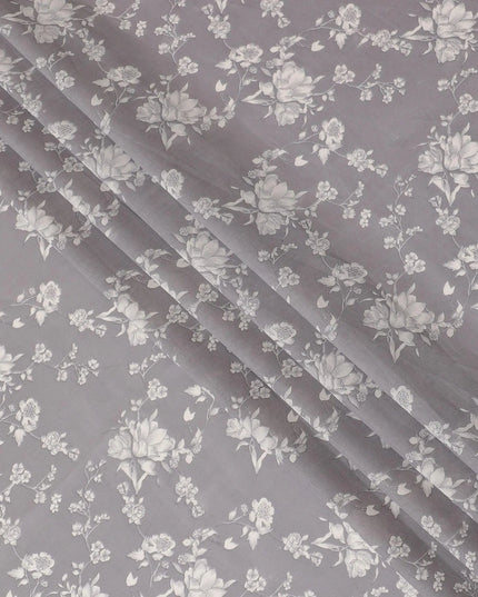 Steel grey cotton voile fabric with beige print in floral design-D15156 Regal Fabrics