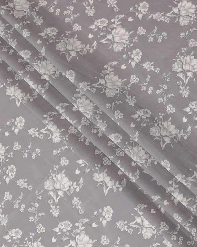 Steel grey cotton voile fabric with beige print in floral design-D15156