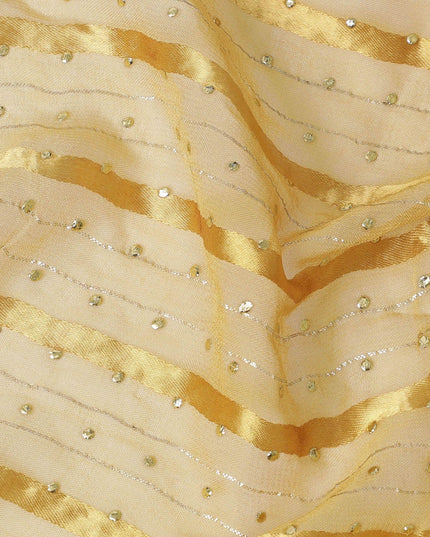 Multicolor synthetic chiffon fabric with gold stripe having same tone metallic dot foil in stripe design-D13645 Regal Fabrics