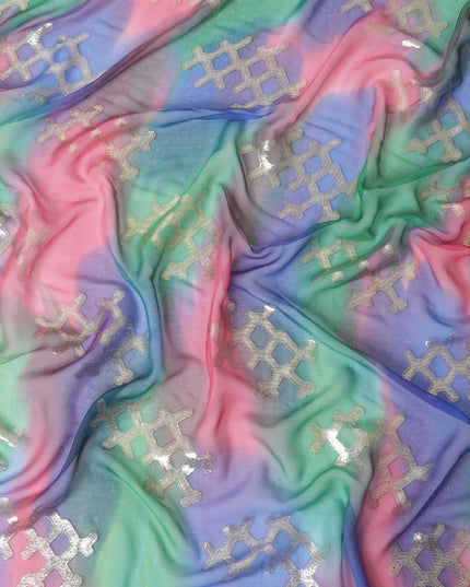 قماش شيفون من الحرير الخالص متعدد الألوان مع لوريكس معدني ذهبي بتصميم تجريدي-D10028