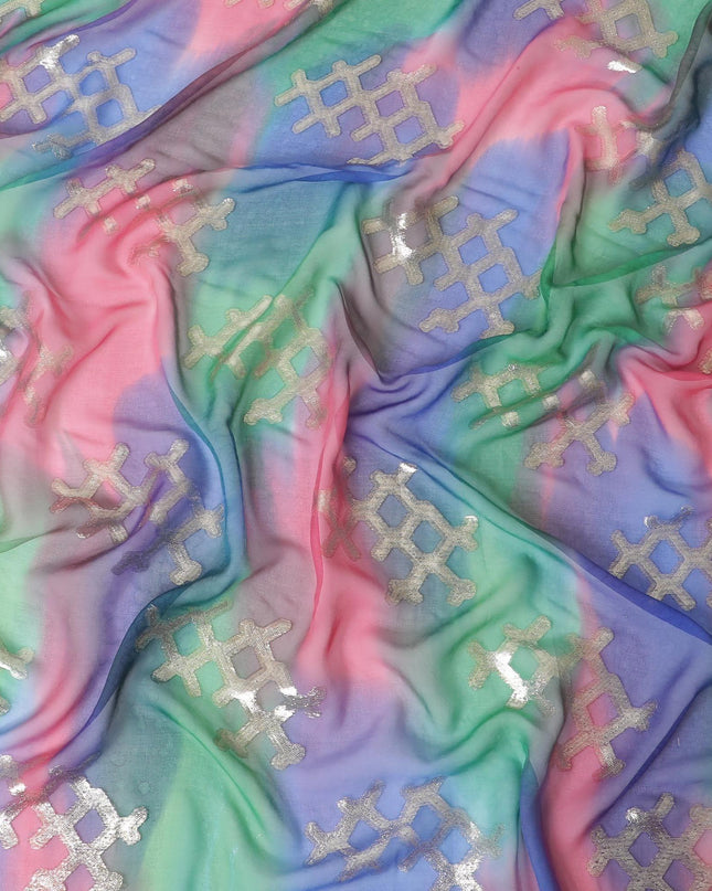 قماش شيفون من الحرير الخالص متعدد الألوان مع لوريكس معدني ذهبي بتصميم تجريدي-D10028