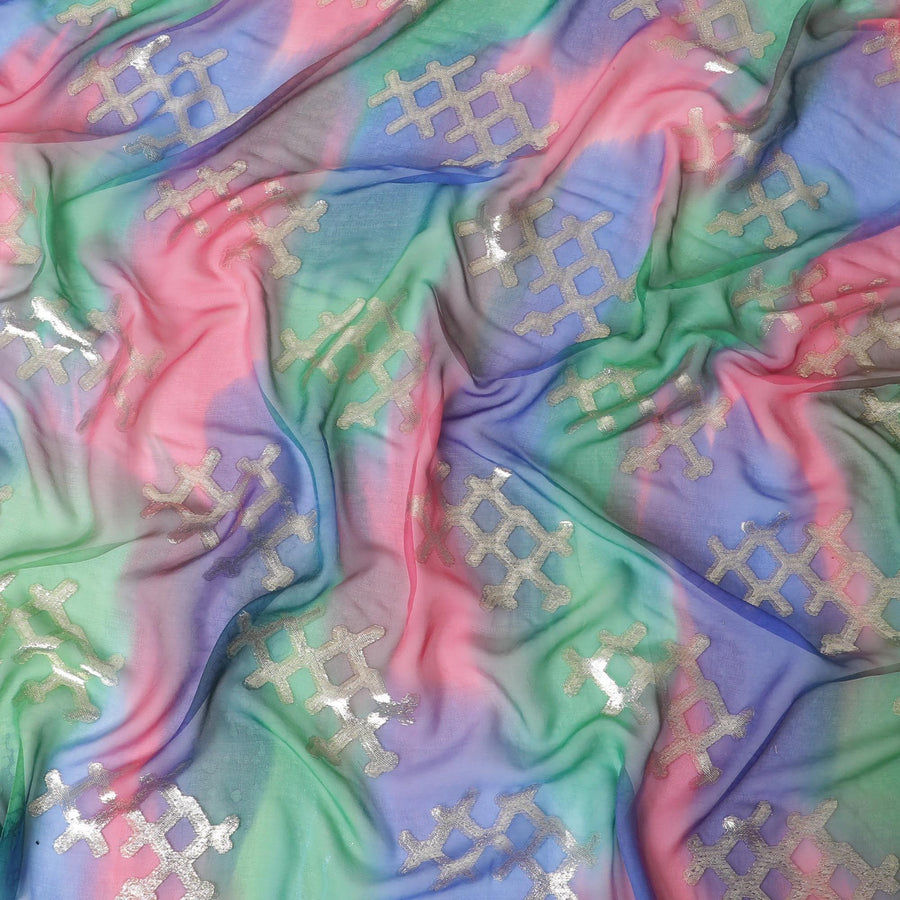 قماش شيفون من الحرير الخالص متعدد الألوان مع لوريكس معدني ذهبي بتصميم تجريدي-D10028