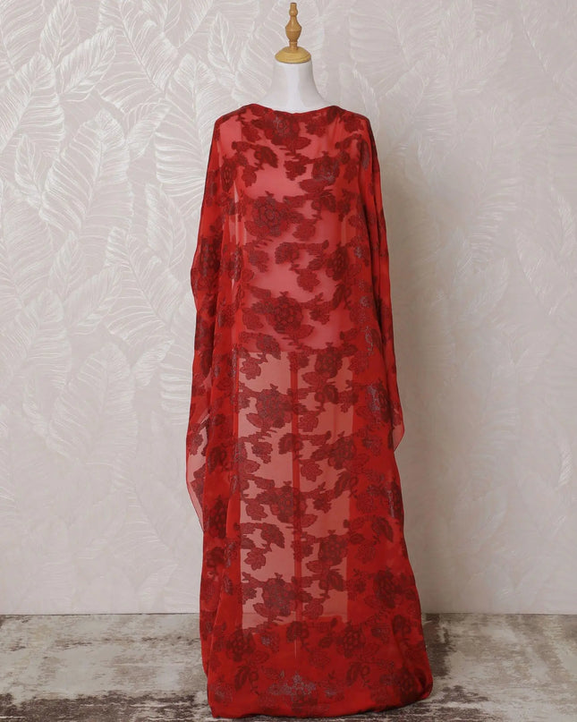 Dark scarlet red Premium pure French (Fransawi) silk chiffon dirac fabric with black metallic lurex in floral design-D15611 Regal Fabrics