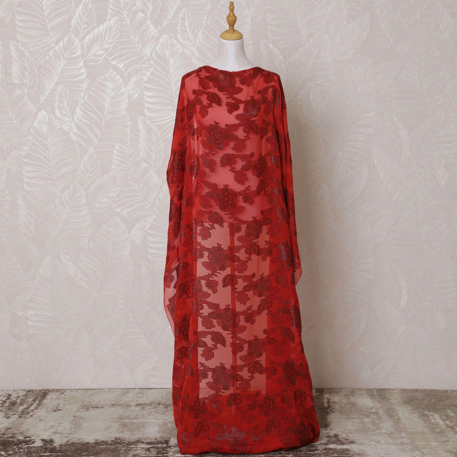 أحمر قرمزي داكن قماش ديراك من الحرير الفرنسي النقي (الفرنساوي) مع لوركس معدني أسود بتصميم زهور-D15611