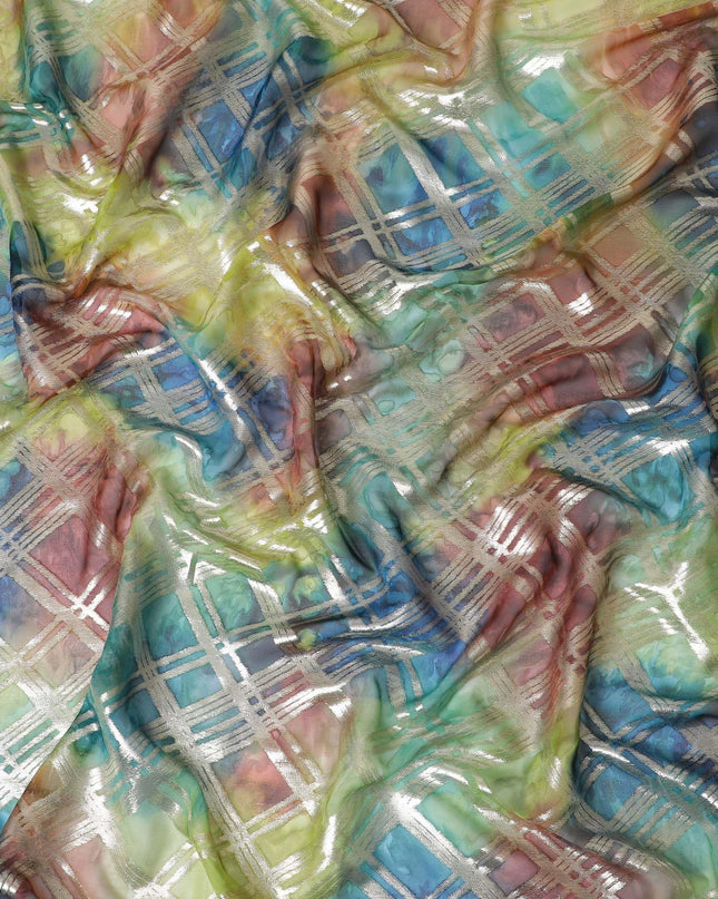 قماش شيفون من الحرير الخالص متعدد الألوان مع لوريكس معدني ذهبي بتصميم مربعات -D11413