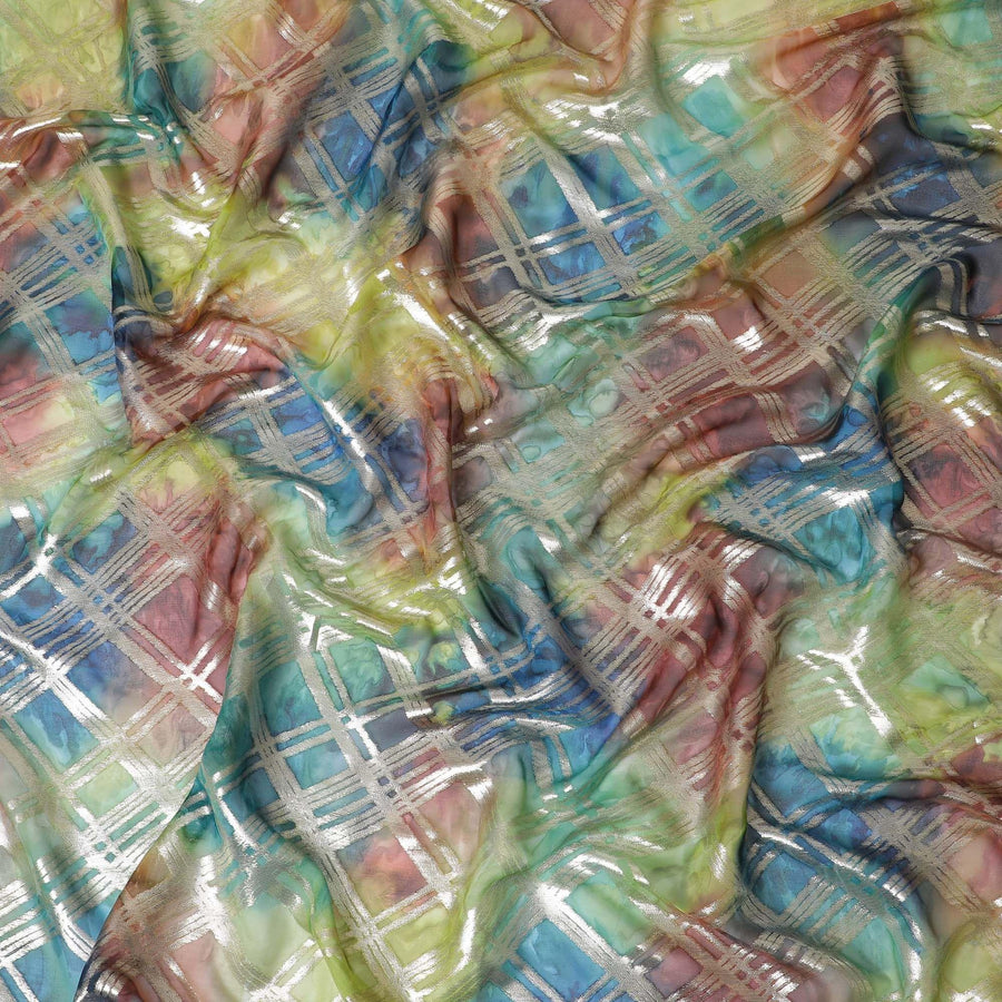 قماش شيفون من الحرير الخالص متعدد الألوان مع لوريكس معدني ذهبي بتصميم مربعات -D11413