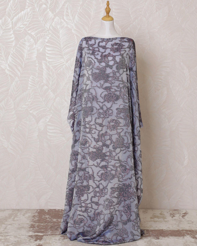 Light lavender Premium pure French (Fransawi) silk chiffon dirac fabric with burgundy viscose, black metallic lurex having stone work in fancy design-D15127
