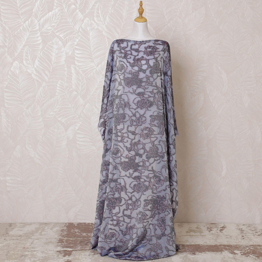 قماش ديراك من الشيفون الحريري الفرنسي النقي الفاخر باللون الخزامي الفاتح مع فيسكوز بورجوندي، ولوريكس معدني أسود به أعمال حجرية بتصميم فاخر -D15127