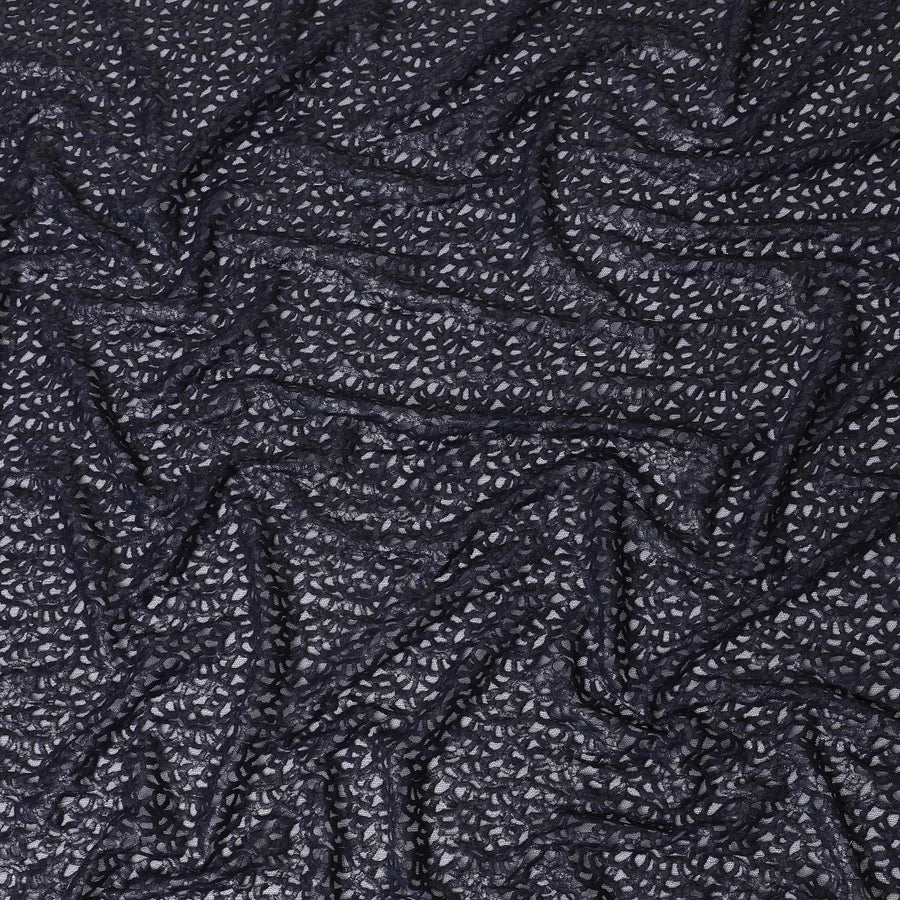 Navy blue nylon tulle fabric with same tone embroidery in fancy design-D11795