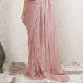Salmon Peach Premium Pure metallic French chantilly lace saree having stone work in stripe design-D13467