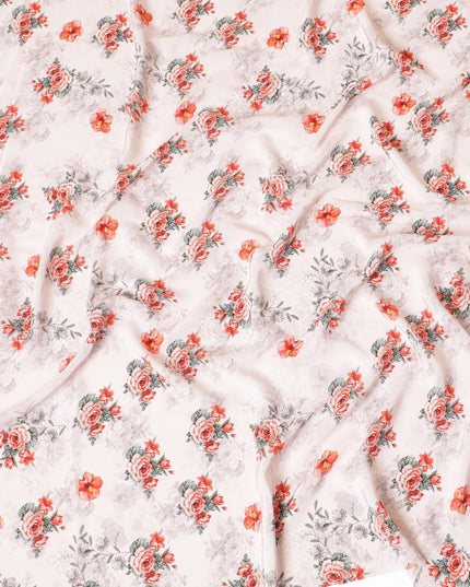Light pink premium pure silk crepe fabric with orange, grey and sage green print in floral design-D9403