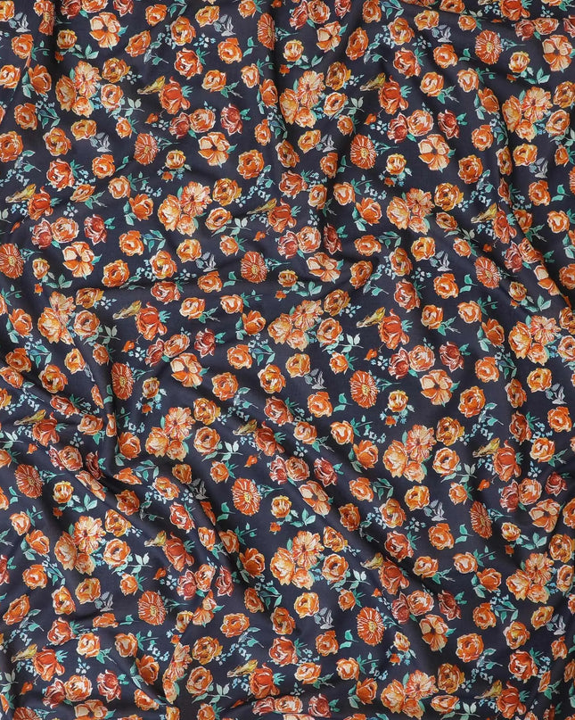 Navy blue Premium Spanish 100% cotton lawn fabric with sea green, peach and white print in floral design-D9238 Regal Fabrics