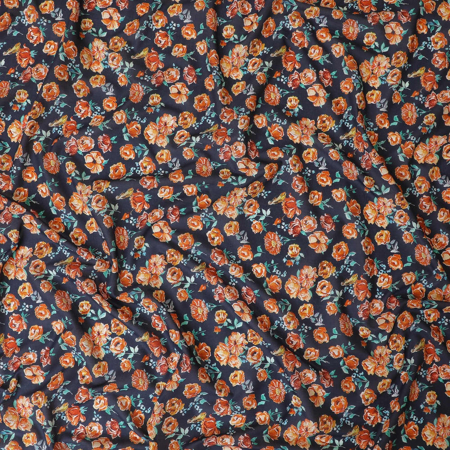 Navy blue Premium Spanish 100% cotton lawn fabric with sea green, peach and white print in floral design-D9238