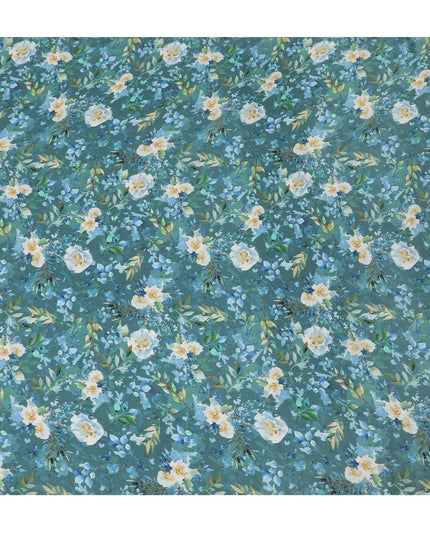 Teal blue viscose crepe fabric with multicolor print in floral design-D13813 Regal Fabrics