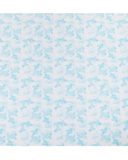 Off white cotton voile fabric with baby blue print in floral design-D15161