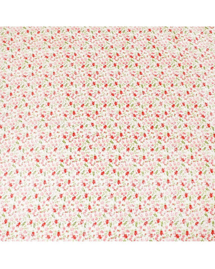 Beige Premium Italian silk chiffon dirac (makmal) fabric with olive green, scarlet red print having velvet jacquard in floral design-D8703