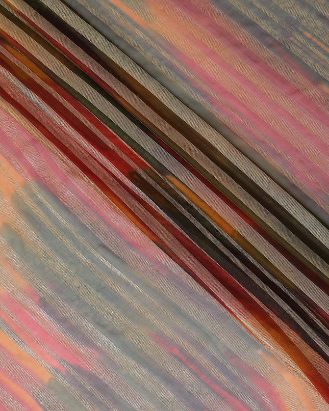 قماش شيفون حريري فاخر مطبوع يدويًا متعدد الألوان مع لوركس معدني ذهبي بتصميم مخطط-D12395