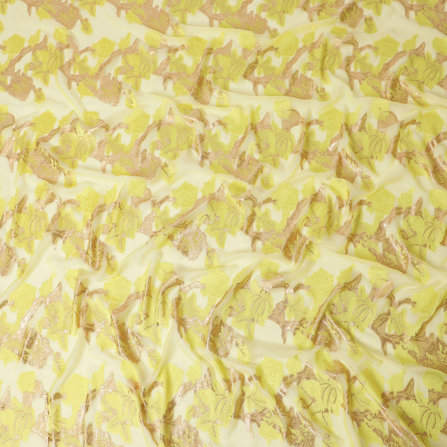 Sunflower yellow Premium Pure French (Fransawi) Silk chiffon fabric with same tone viscose and copper metallic lurex in floral design-D12716