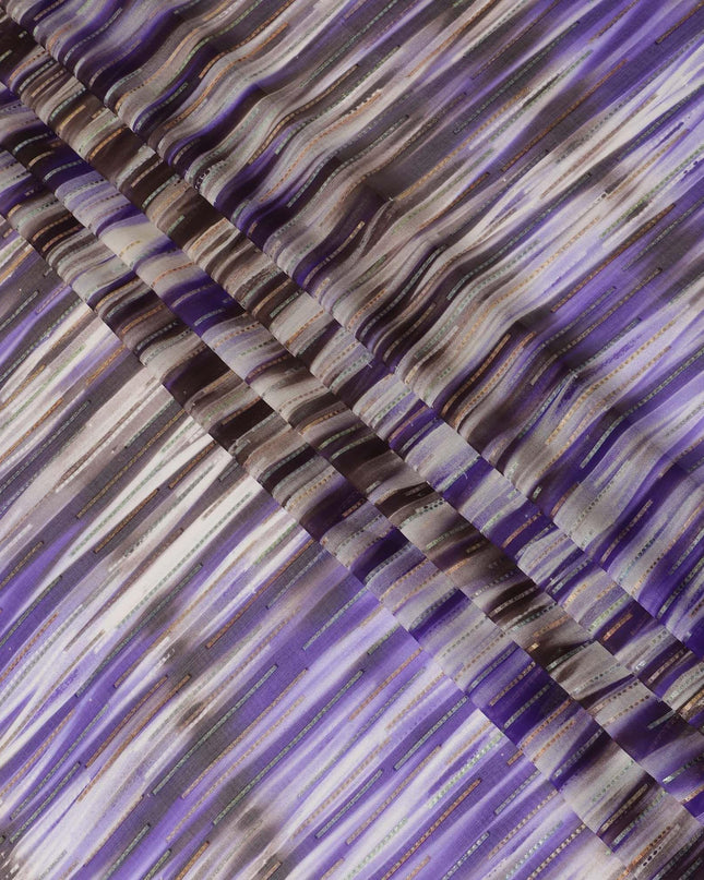 Blue premium pure silk chiffon fabric with gold and silver metallic lurex in stripe design-D13980