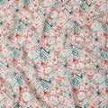 Off white synthetic crepe fabric with forest green, squash orange and black print in floral design-D11034