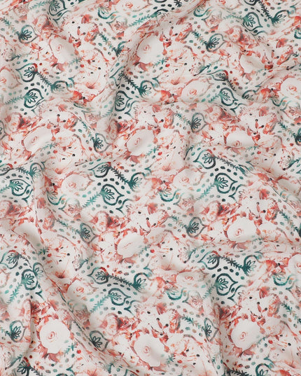Off white synthetic crepe fabric with forest green, squash orange and black print in floral design-D11034
