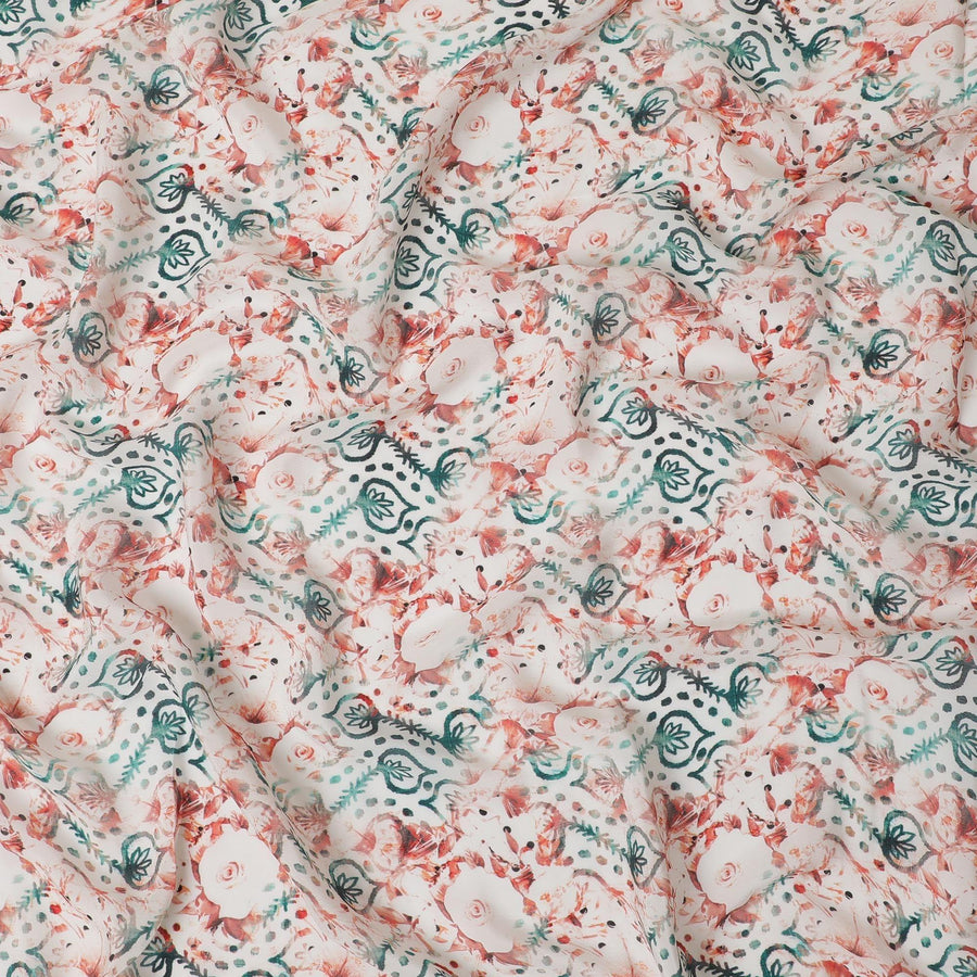 Off white synthetic crepe fabric with forest green, squash orange and black print in floral design-D11034