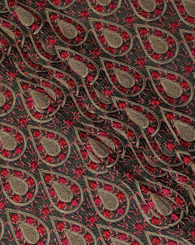 Black synthetic chiffon fabric with multicolor embroidery in fancy design-D12495