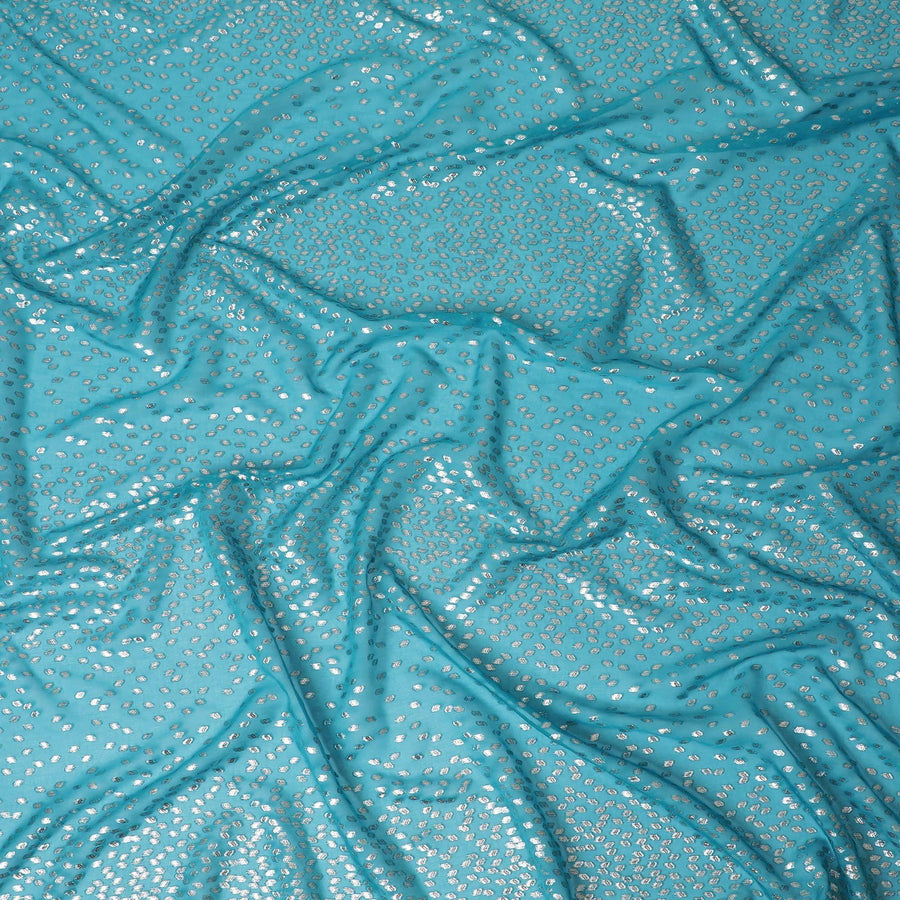 Teal blue Premium pure silk chiffon fabric with multicolor metallic lurex in fancy design-D13141