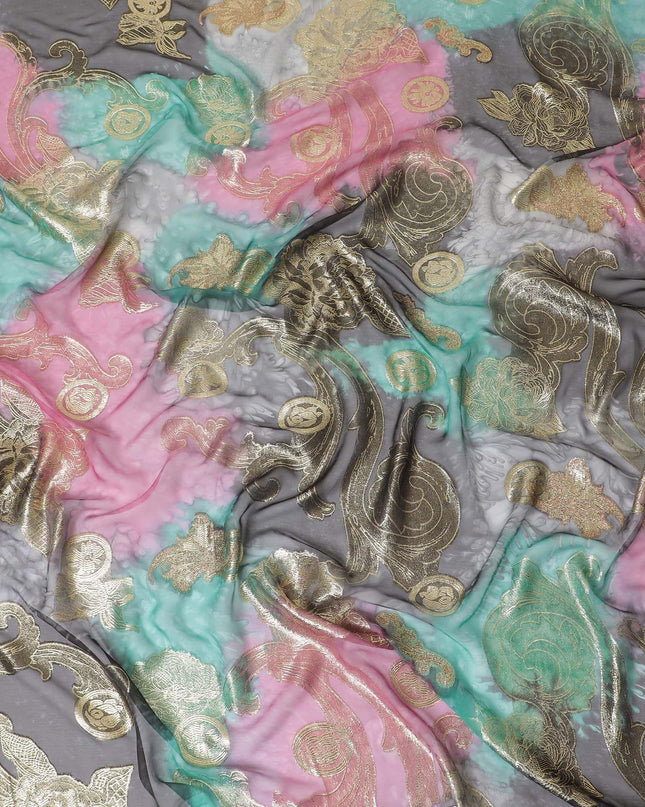 قماش شيفون حريري فرنسي (فرنساوي) فاخر متعدد الألوان مع لوركس معدني ذهبي بتصميم زهور-D14121