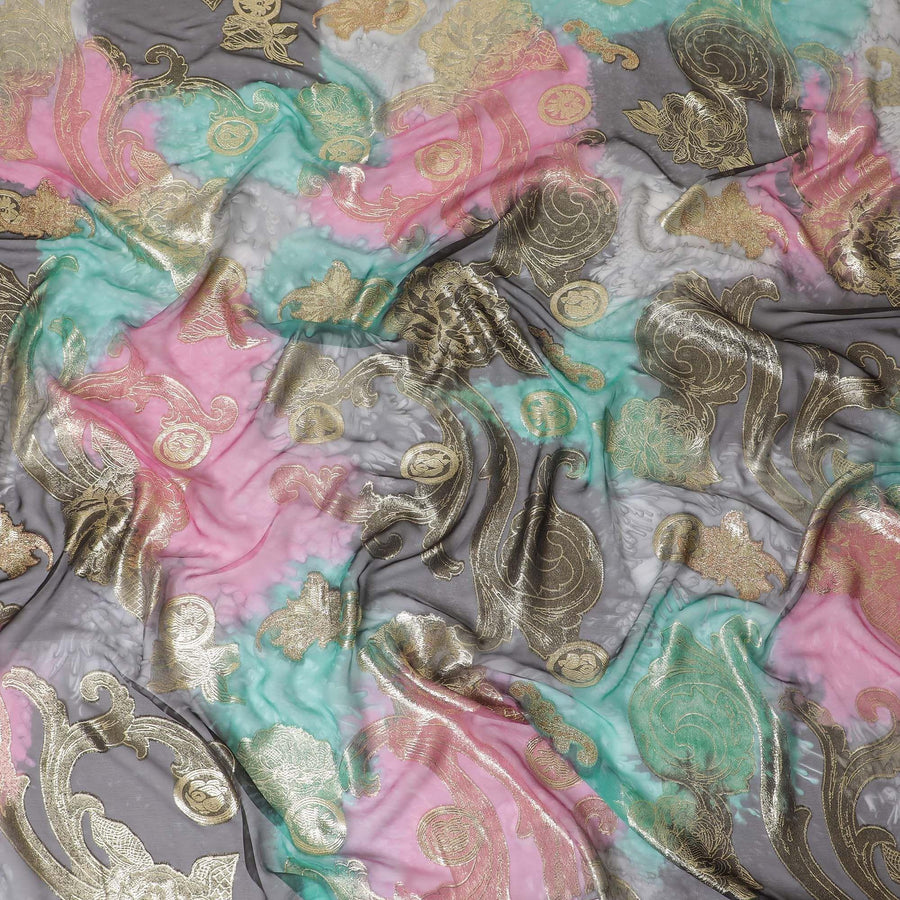 قماش شيفون حريري فرنسي (فرنساوي) فاخر متعدد الألوان مع لوركس معدني ذهبي بتصميم زهور-D14121