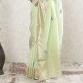 Mint green premium pure cotton silk saree with gold border weave having stone work in floral design-D13486 Regal Fabrics