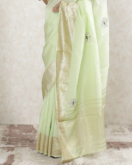 Mint green premium pure cotton silk saree with gold border weave having stone work in floral design-D13486 Regal Fabrics