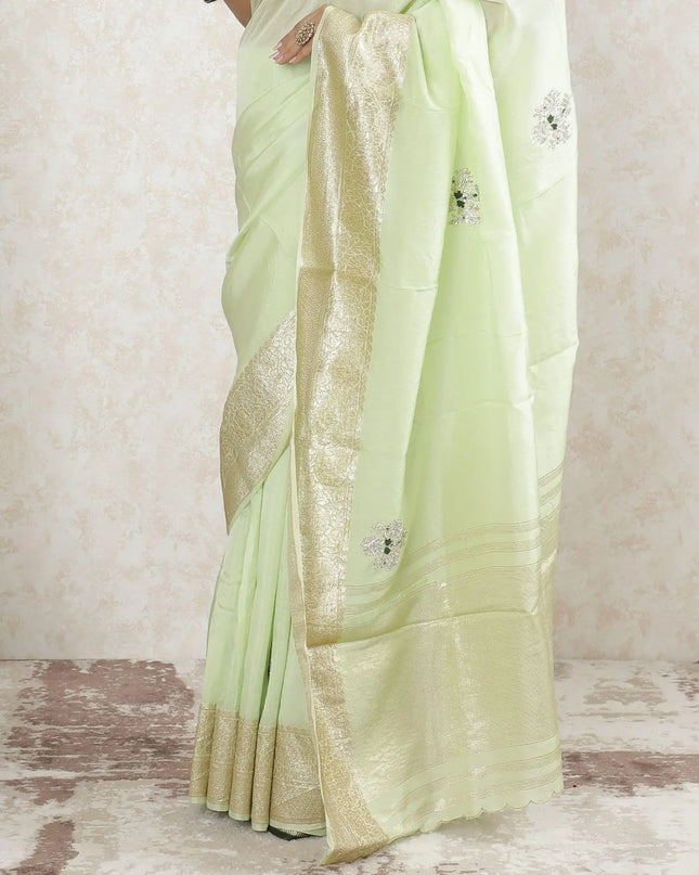 Mint green premium pure cotton silk saree with gold border weave having stone work in floral design-D13486 Regal Fabrics