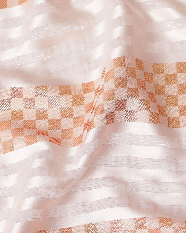 Light peach synthetic crepe fabric with gold metallic lurex weave in stripe design-D15381