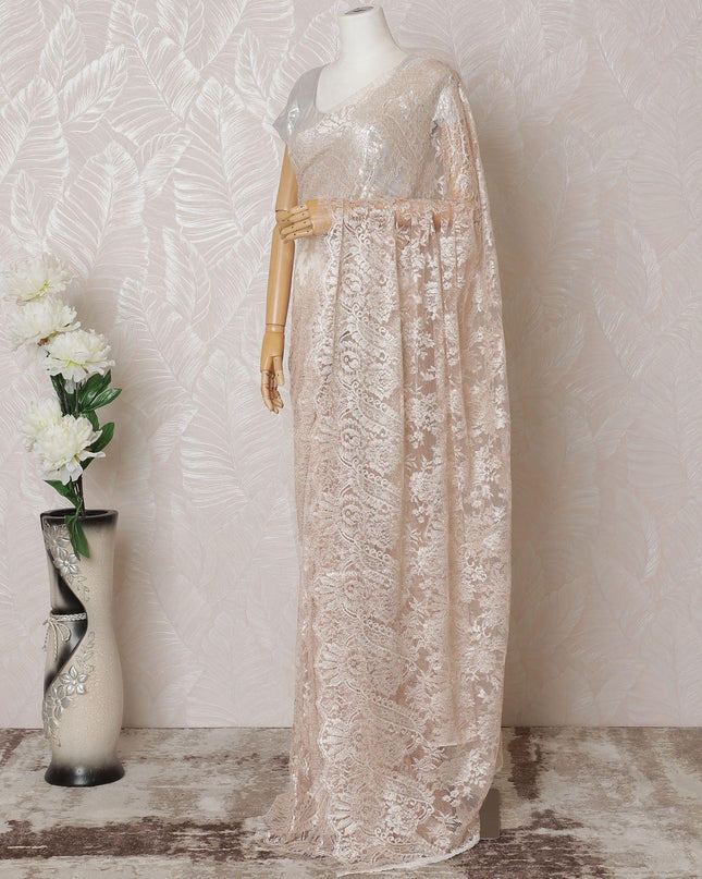Light pink, silver Premium pure French metallic chantilly lace saree in floral design-D14552