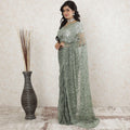 Sage green premium pure French chantilly lace saree having stone work in floral deisgn-D13498