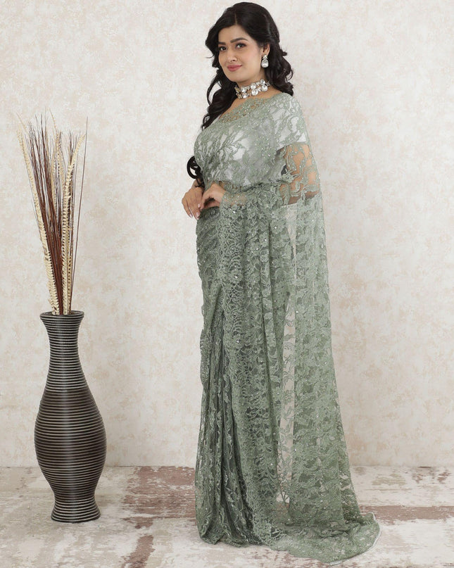Sage green premium pure French chantilly lace saree having stone work in floral deisgn-D13498