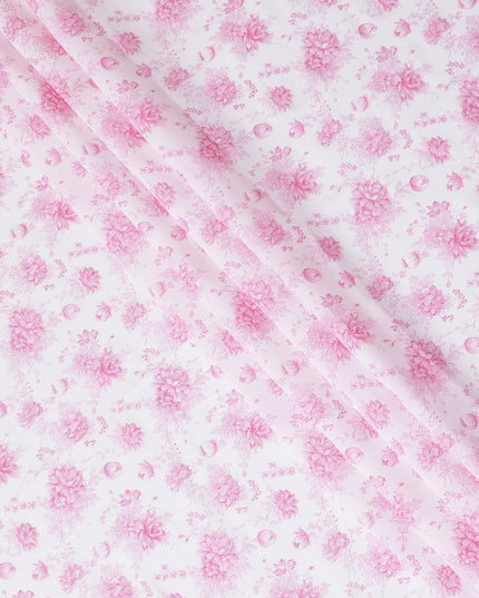 White cotton voile fabric with baby pink print in floral design-D15052