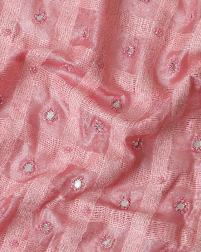 Rose Pink synthetic polyester fabric with same tone embroidery, bead work and mirror work in checks design-D11782 Regal Fabrics