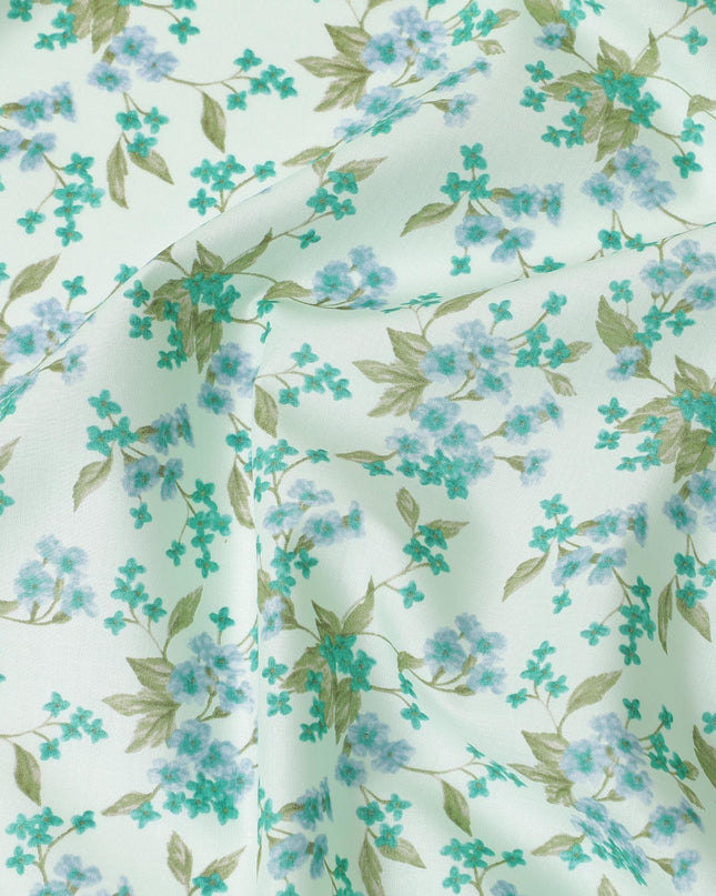 Tea green cotton lawn fabric with olive green, baby blue and pastel green print in floral design-D10642 Regal Fabrics