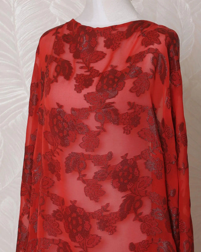 Dark scarlet red Premium pure French (Fransawi) silk chiffon dirac fabric with black metallic lurex in floral design-D15611 Regal Fabrics