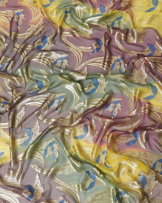 قماش شيفون حريري فرنسي (فرنساوي) فاخر متعدد الألوان مع لوركس معدني ذهبي بتصميم زهور-D14020