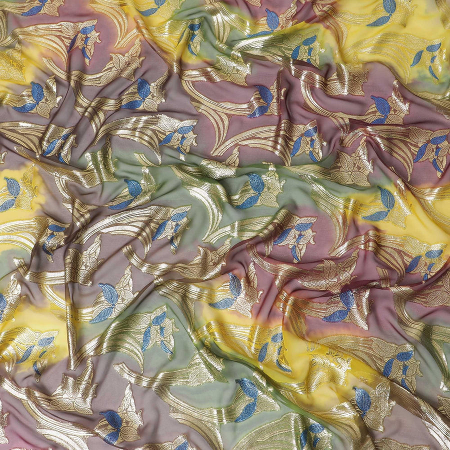 Multicolor Premium pure French (Fransawi) silk chiffon fabric with gold metallic lurex in floral design-D14020