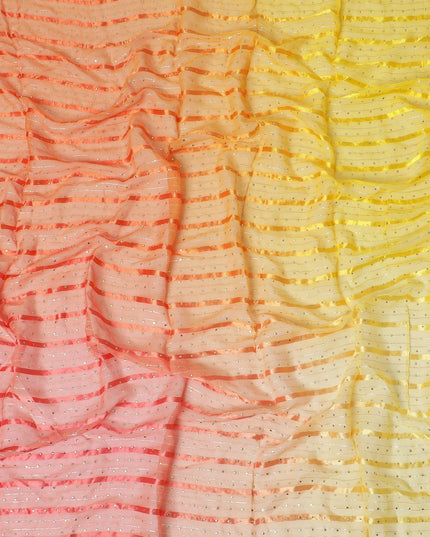 Multicolor synthetic chiffon fabric with gold stripe having same tone metallic dot foil in stripe design-D13653 Regal Fabrics