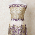 Gold nylon tulle fabric with same tone, purple embroidery having stone work in floral design-D12211
