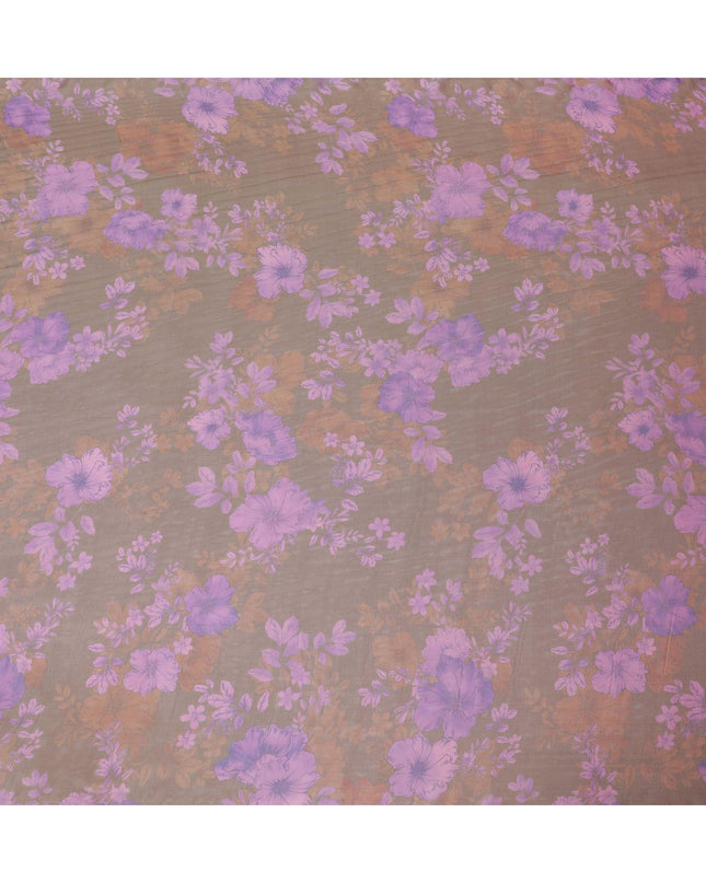 Brown, olive green two tone premium pure silk chiffon fabric with same tone, purple print in floral design-D10636