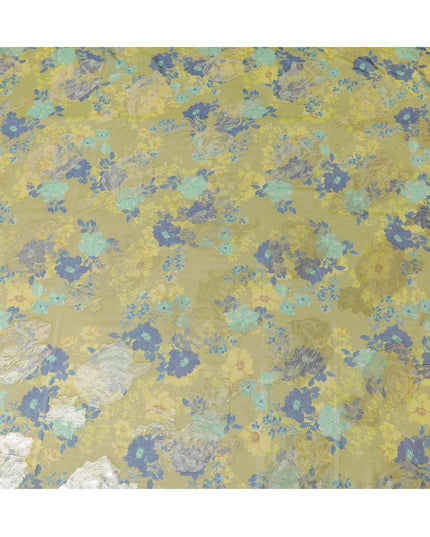 قماش شيفون من الحرير الخالص الفاخر من Mehindi Green مع طباعة زرقاء وفيروزية خضراء مع لوريكس معدني ذهبي بتصميم زهور-D10783