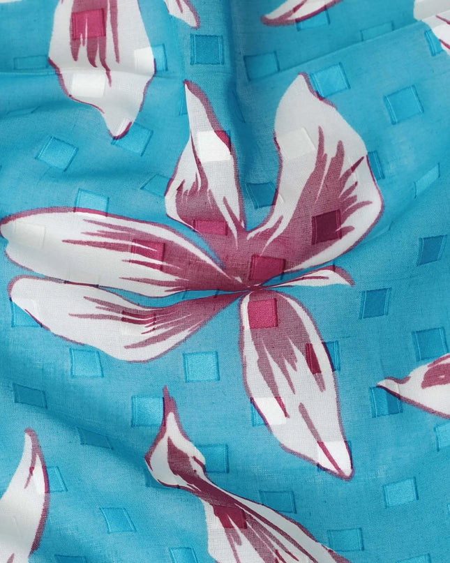 Sky blue Premium 100% swiss cotton voile (Sudanese Thobe) fabric with same tone clip cord having off white and cerise pink print in floral design-D13539 Regal Fabrics