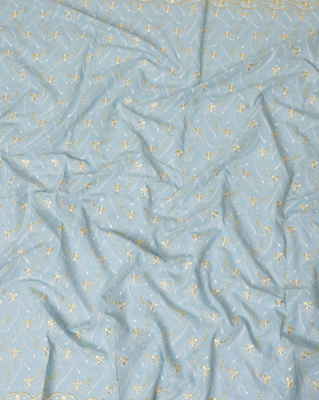 قماش الفوال القطني السويسري الفاخر 100% (الثوب السوداني) باللون الأزرق الفاتح مع تطريز ذهبي وفضي بتصميم زهور-D13520